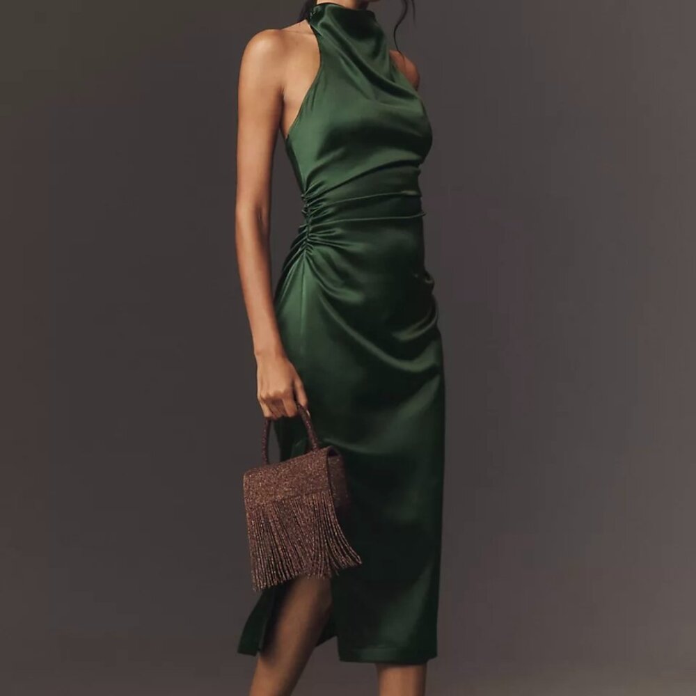 Anthropologie Forest Green Satin Midi Dress XS